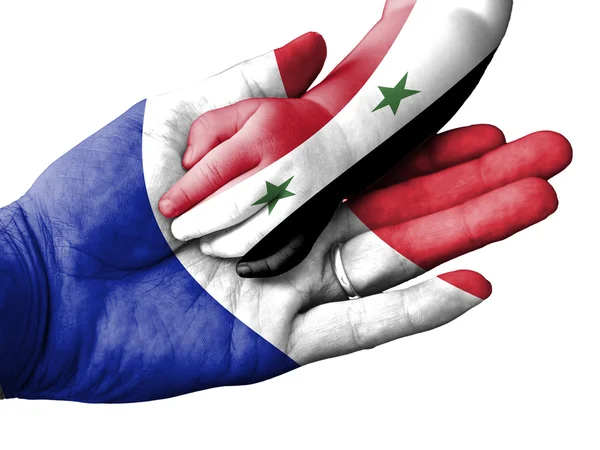 Adult man holding a baby hand with France and Syria flags overlaid. Isolated on white — ストック写真