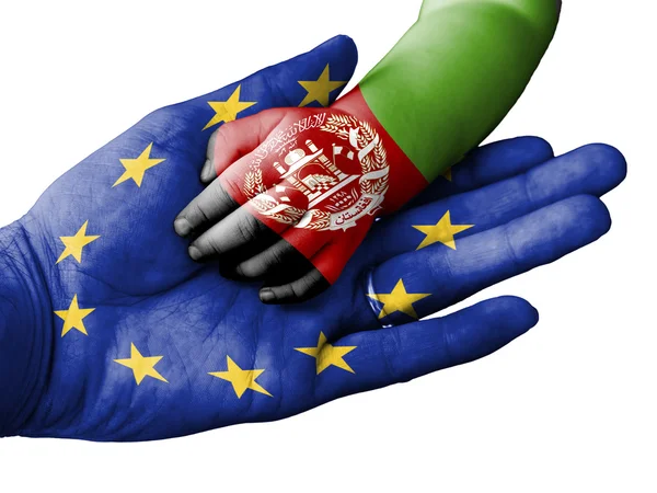 Adult man holding a baby hand with European Union and Afghanistan flags overlaid. Isolated on white — Stock fotografie