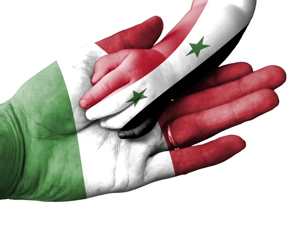 Adult man holding a baby hand with Italy and Syria flags overlaid. Isolated on white — ストック写真