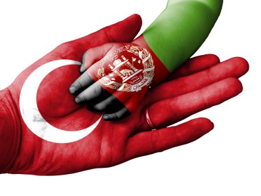 Adult man holding a baby hand with Turkey and Afghanistan flags overlaid. Isolated on white