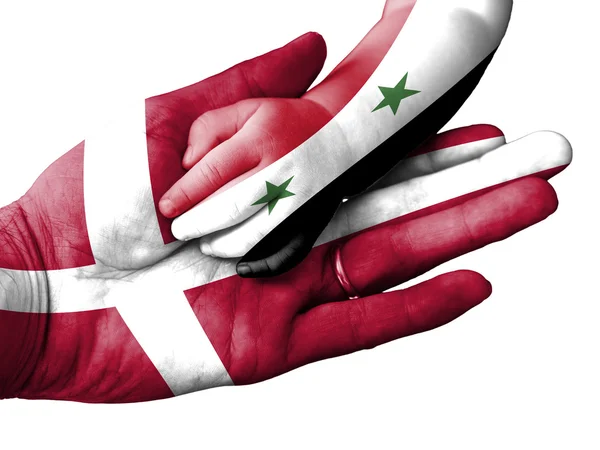 Adult man holding a baby hand with Denmark and Syria flags overlaid. Isolated on white — ストック写真