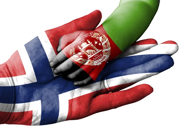 Adult man holding a baby hand with Norway and Afghanistan flags overlaid. Isolated on white — Stock Photo, Image