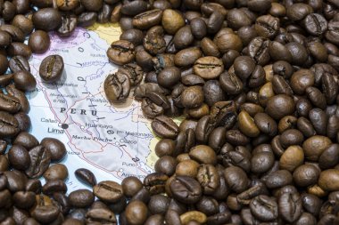 Map of Peru under a background of coffee beans