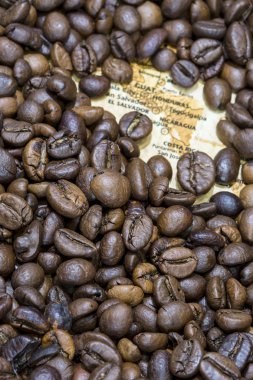 Map of Central America under a background of coffee beans