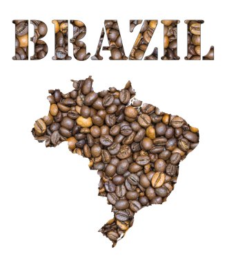 Brazil word and country map shaped with coffee beans background
