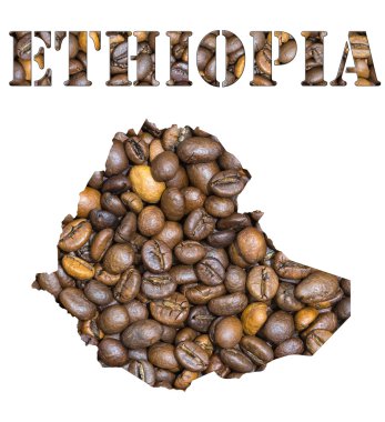 Ethiopia word and country map shaped with coffee beans background