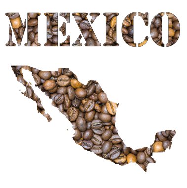 Mexico word and country map shaped with coffee beans background