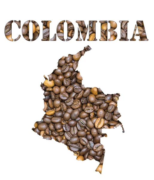 Colombia palabra y mapa del país en forma de granos de café de fondo — Foto de Stock