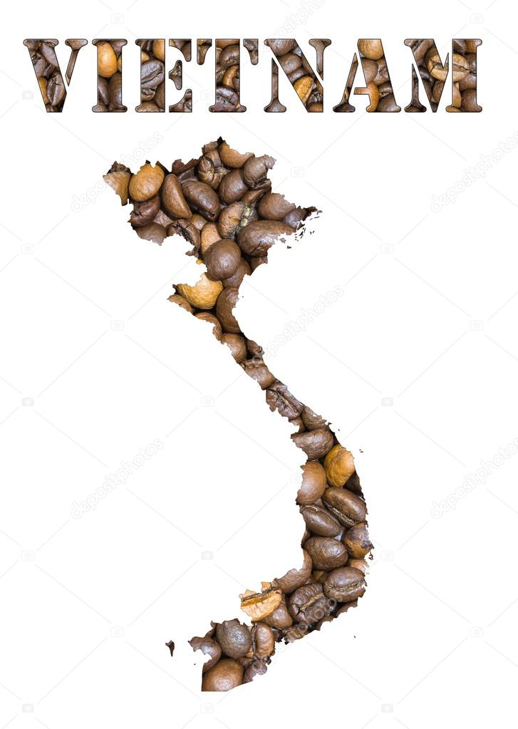Vietnam word and country map shaped with coffee beans background
