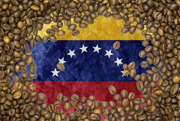 Bandeira da Venezuela sob uma textura de fundo de grãos de café torrado — Fotografia de Stock