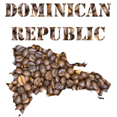Dominican Republic word and country map shaped with coffee beans background clipart