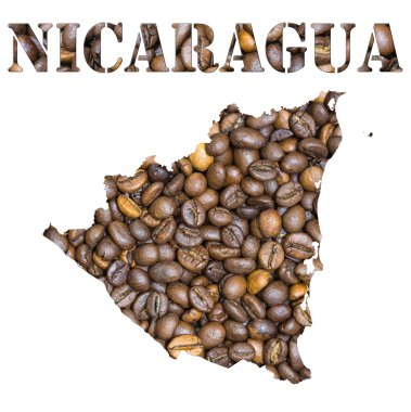 Kahve çekirdekleri arka plan ile şeklinde Nikaragua word ve ülke harita