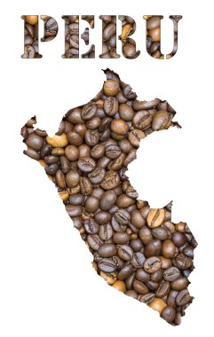Kahve çekirdekleri arka plan ile şeklinde Peru word ve ülke harita