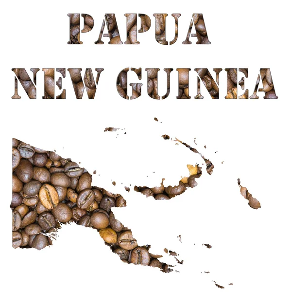 Papua Nuova Guinea parola e mappa del paese a forma di sfondo di chicchi di caffè — Foto Stock