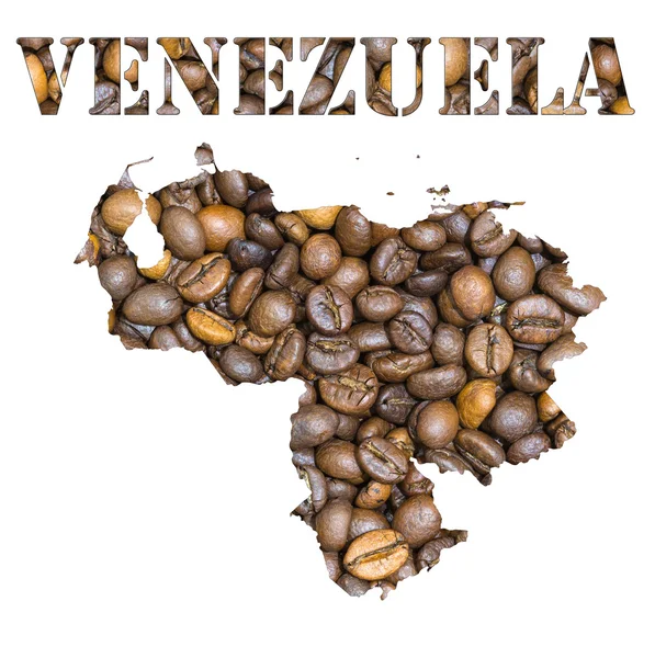 Venezuela word en land kaart vorm met koffiebonen achtergrond — Stockfoto