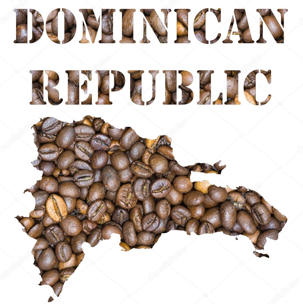 Dominican Republic word and country map shaped with coffee beans background
