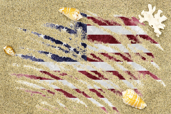 Flag of United States under a beach background