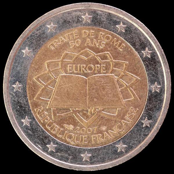 Zwei-Euro-Gedenkmünze, die Frankreich 2007 anlässlich des Jahrestages des Vertrags von Rom herausgegeben hat — Stockfoto