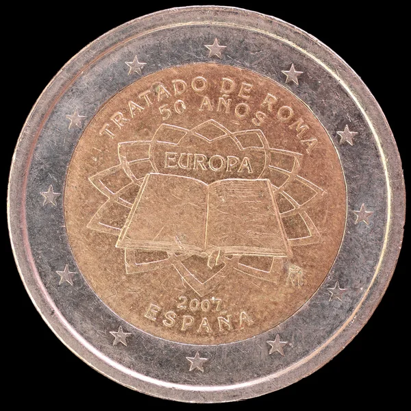 Commemorative two euro coin issued by Spain in 2007 for the anniversary of the Treaty of Rome — 스톡 사진