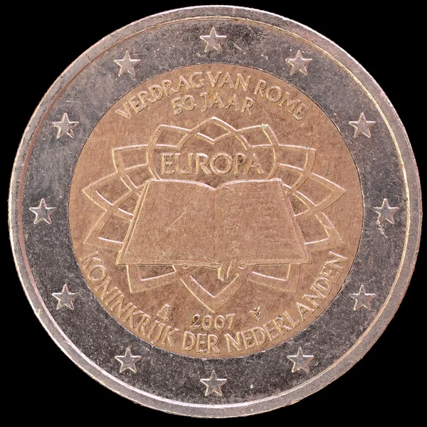 Moneda conmemorativa de dos euros emitida por los Países Bajos en 2007 con motivo del aniversario del Tratado de Roma —  Fotos de Stock