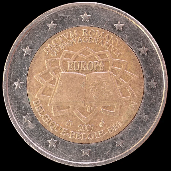 Moneda conmemorativa de dos euros emitida por Bélgica en 2007 con motivo del aniversario del Tratado de Roma —  Fotos de Stock