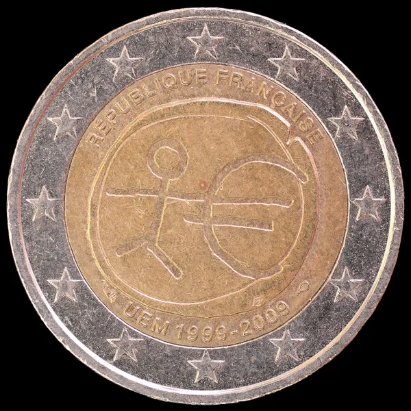 Moneta commemorativa da due euro emessa dalla Francia nel 2009 per l'anniversario dell'Unione economica e monetaria — Foto Stock