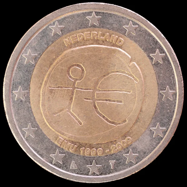 Moneda conmemorativa de dos euros emitida por los Países Bajos en 2009 con motivo del aniversario de la Unión Económica y Monetaria —  Fotos de Stock