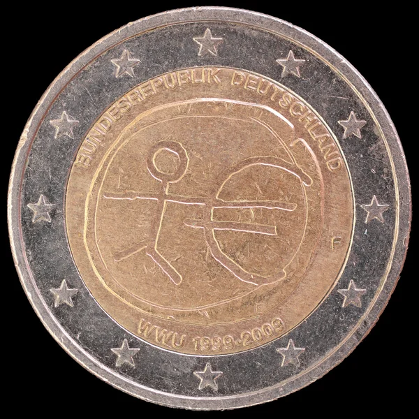 Commemorative two euro coin issued by Germany in 2009 for the anniversary of Economic and Monetary Union — Zdjęcie stockowe