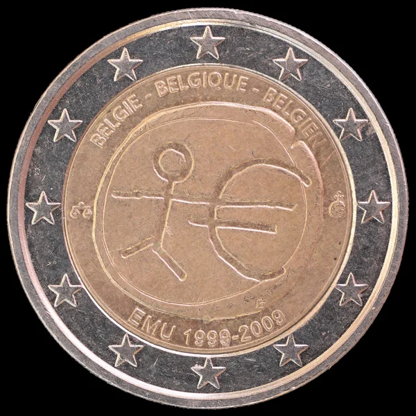Moneda conmemorativa de dos euros emitida por Bélgica en 2009 con motivo del aniversario de la Unión Económica y Monetaria —  Fotos de Stock