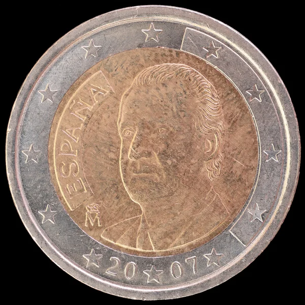 Face nationale de l'Espagne pièce de deux euros sur fond noir — Photo