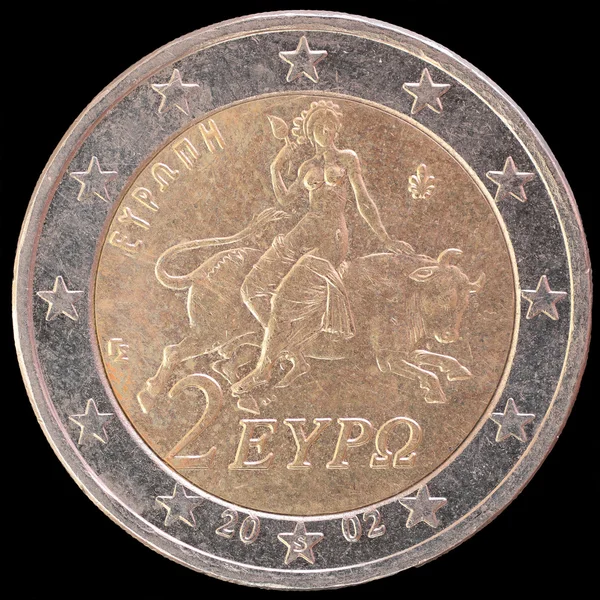 National side of Greece two euro coin on black background — Zdjęcie stockowe