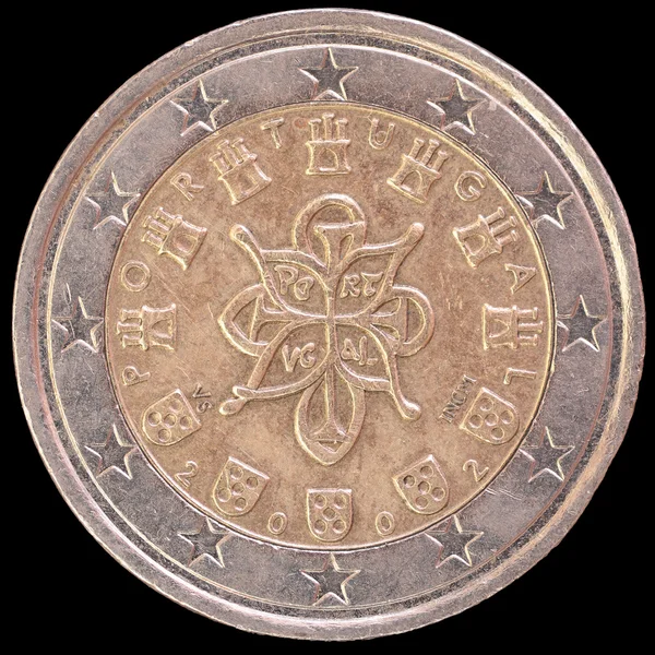 National side of Portugal two euro coin on black background — Zdjęcie stockowe