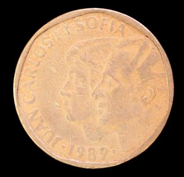 Head of 500 pesetas coin, issued by Spain in 1989 depicting Juan Carlos and Sofia — Zdjęcie stockowe
