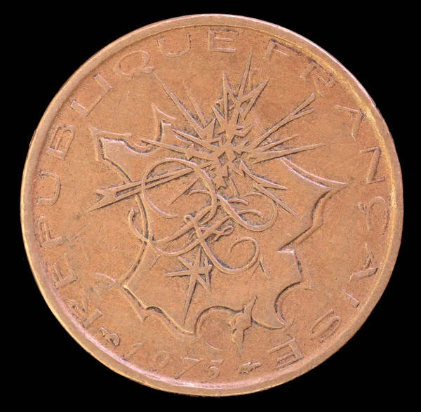 Moneta da 10 franchi, emessa dalla Francia nel 1975 raffigurante una mappa della Francia metropolitana con lampi che puntano a Parigi — Foto Stock