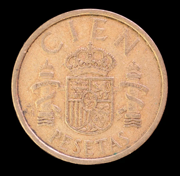 Tail of 100 pesetas coin, issued by Spain in 1984 depicting the national coat of arms — Stock fotografie