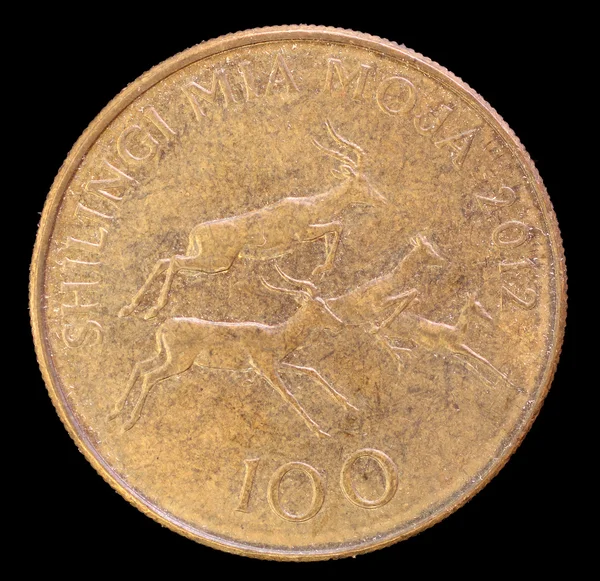 Tail of 100 shillings coin, issued by Tanzania in 2012 depicting four impalas, Aepyceros melampus, leaping to right — Stock Photo, Image
