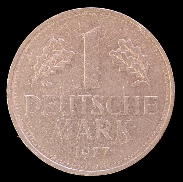 Tail of one mark coin, issued by Germany in 1977 depicting two oak branches on either side of the facial value — Zdjęcie stockowe