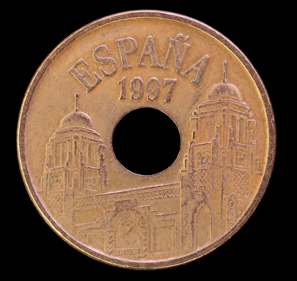 Глава 25 песет монету, виданого Іспанії в 1997 із зображенням височів будівель — стокове фото
