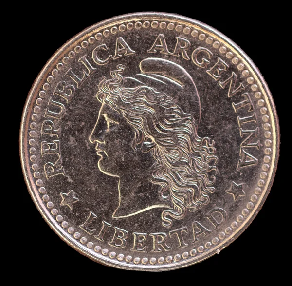 Tête de la pièce de 10 centavos, émise par l'Argentine en 1959 représentant le portrait de la tête de liberté coiffée — Photo
