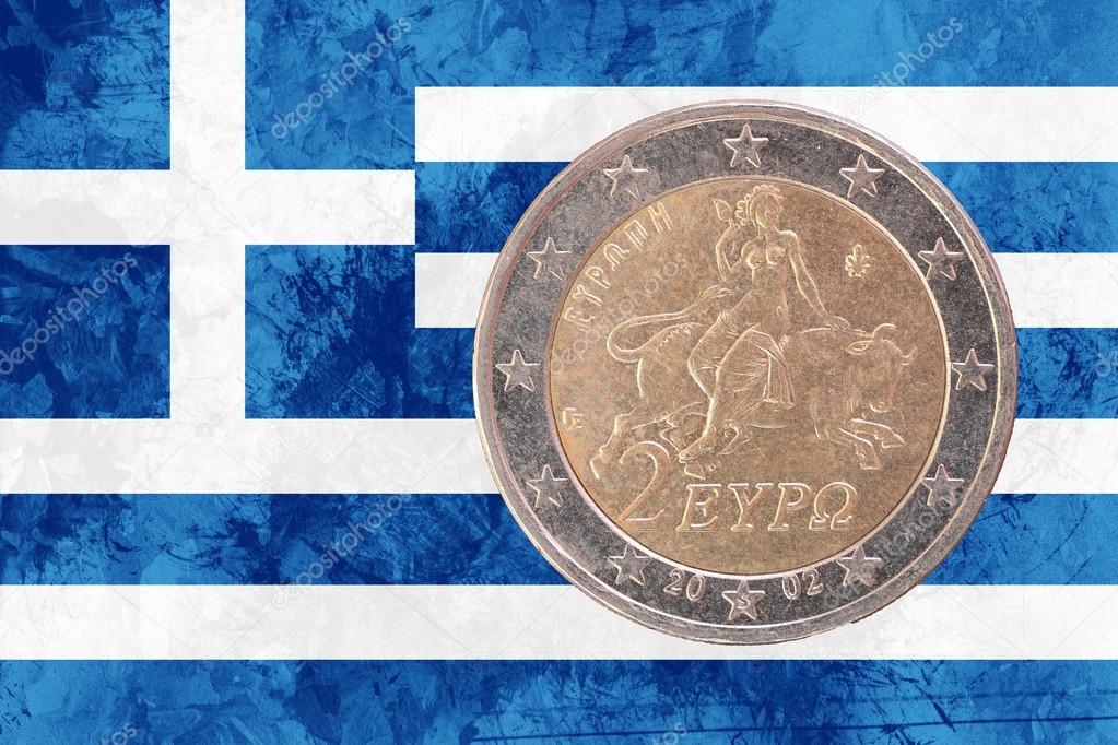 Greek two euros coin with flag of Greece as background