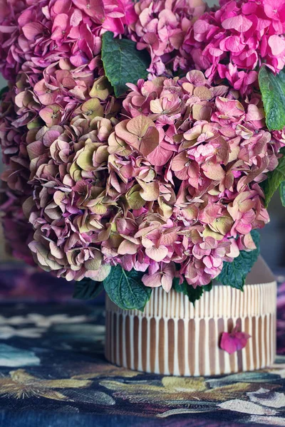 Schöne Lila Hortensienblüten Einer Vase Auf Einem Tisch lizenzfreie Stockbilder