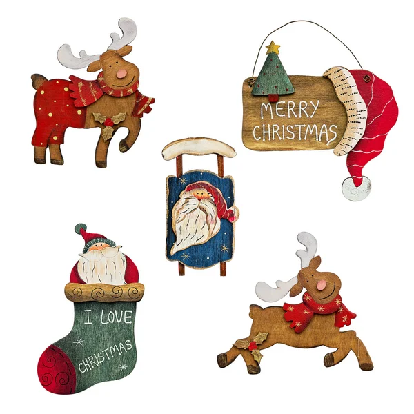 Verschiedene Weihnachtsdekorationen aus Holz. — Stockfoto