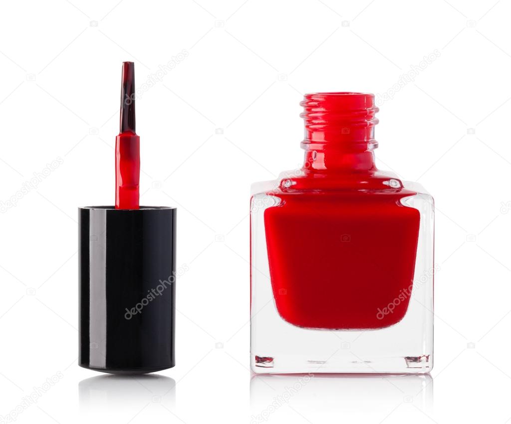 red nail polish bottle on white background