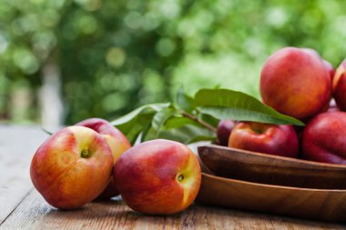 Ahşap arka planda taze şeftali