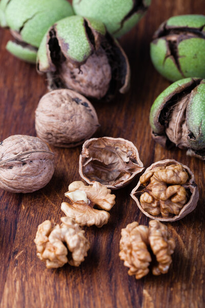 walnuts isolated on a wooden table