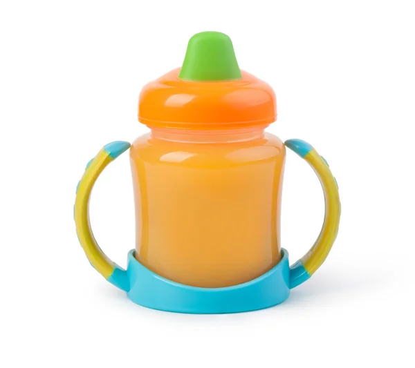 Bebé botella taza sobre un fondo blanco — Foto de Stock