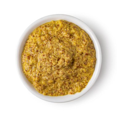 Beyaz arkaplanda hardallı kase