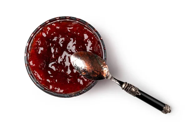 Bol Verre Cuillère Confiture Baies Rouges Isolé Sur Fond Blanc — Photo