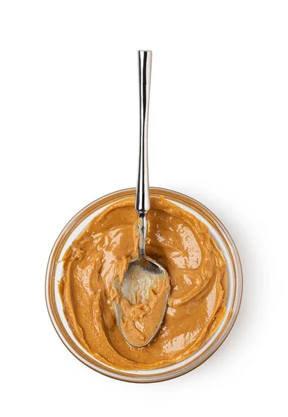 Cremige Erdnussbutter Einem Löffel Auf Weißem Hintergrund — Stockfoto