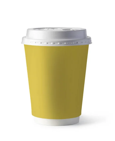 Copo Café Plástico Amarelo Isolado Fundo Branco — Fotografia de Stock